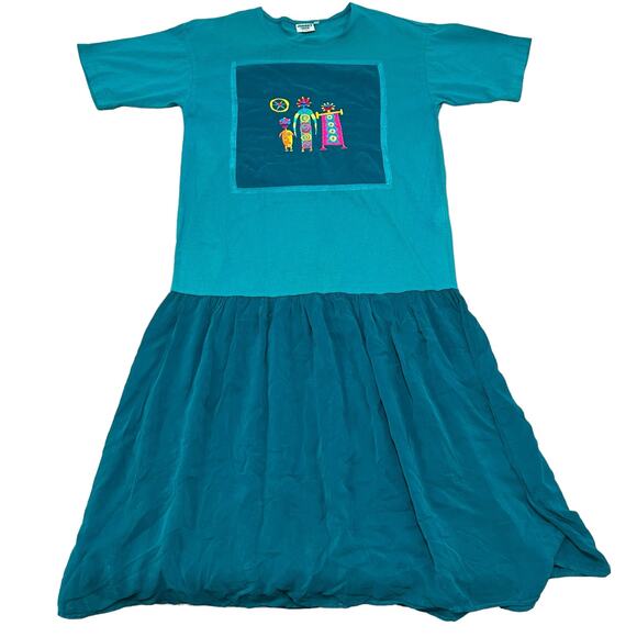 Johnny Was Embroidered T-Shirt Maxi Dress Turquoise Tribal M Boho Folk Indie - Picture 2 of 15